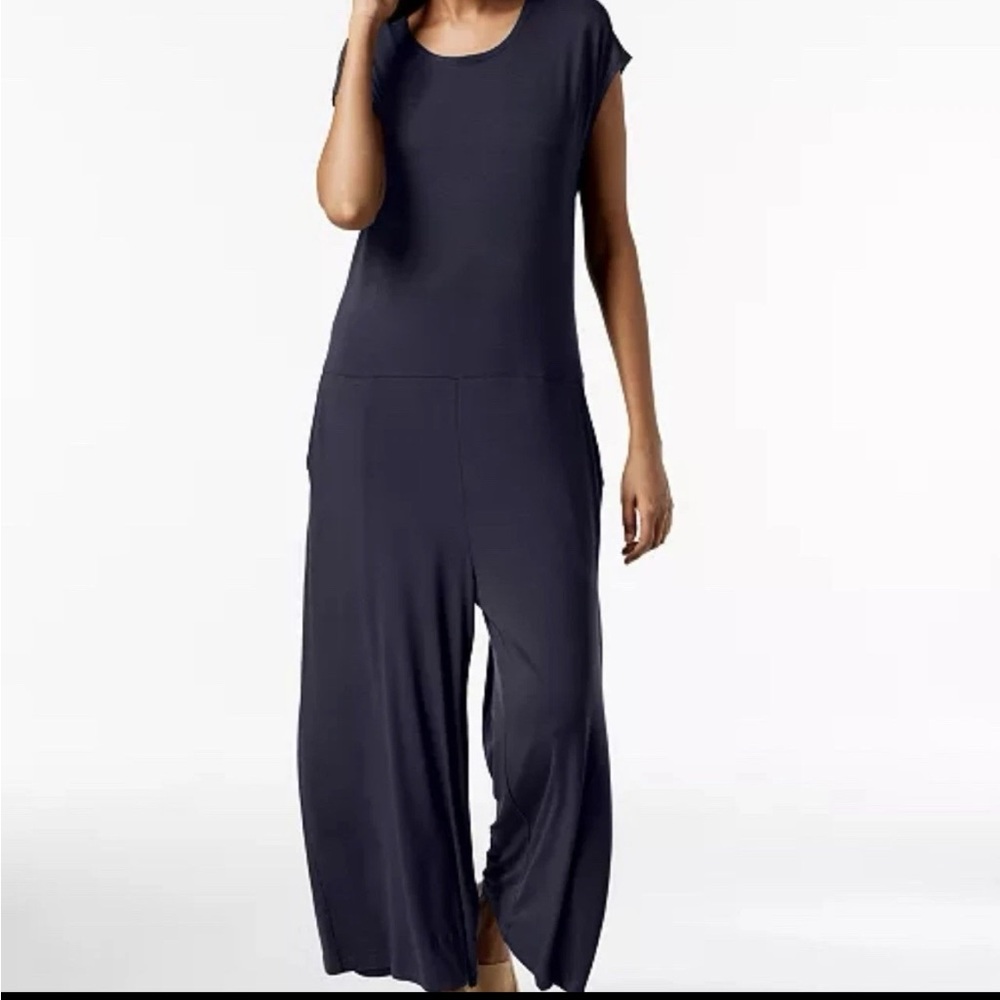 NEW EILEEN FISHER Jumpsuit Size PM Blue‎ Jersey Stretch Sleeveless Wide Leg Crop